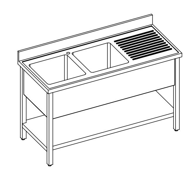 LAVELLO 2 VASCHE E SCIVOLO DX/SX SU GAMBE E RIPIANO SOTTOSTANTE - INOX AISI 304 cm 180X60X85h