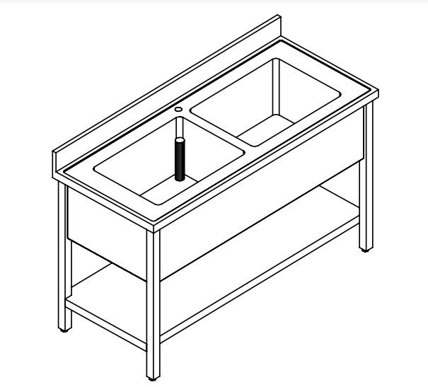 LAVELLO 2 VASCHE SU GAMBE E RIPIANO - INOX AISI 304 cm 160X70X85h