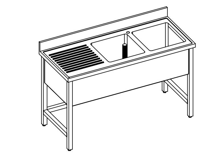 LAVELLO 2 VASCHE E SCIVOLO DX/SX SU GAMBE - INOX AISI 304 cm 190X60X85h