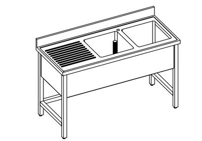 LAVELLO 2 VASCHE E SCIVOLO DX/SX SU GAMBE - INOX AISI 304 cm 190X60X85h