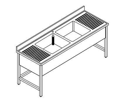 LAVELLO 2 VASCHE E  2 SCIVOLI , SU GAMBE - INOX AISI 304 cm 200X70X85h