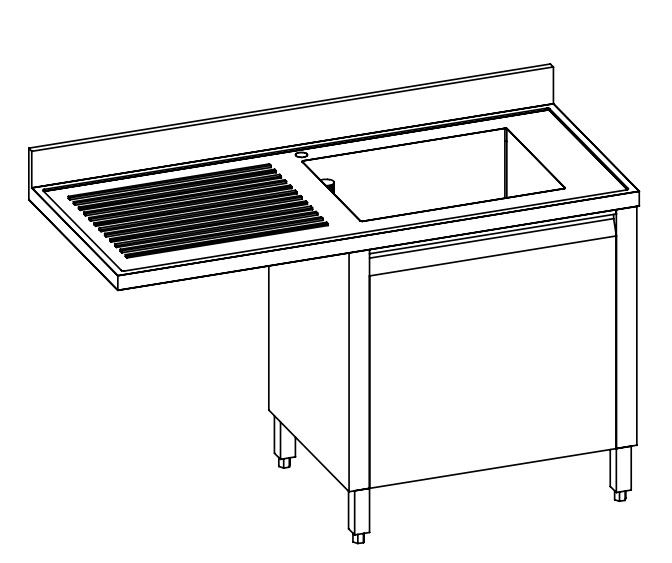 LAVELLO INOX AISI 304, 1 VASCA, ARMADIATO CON PORTA BATTENTE E VANO PER LAVASTOVIGLIE - SCIVOLO DX/SX - cm 130X70X85h
