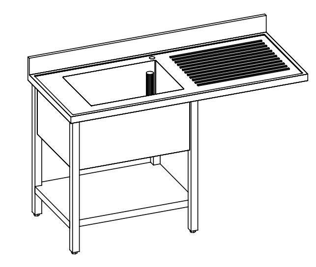 LAVELLO INOX AISI 304, 1 VASCA, RIPIANO SOTTOSTANTE E VANO PER LAVASTOVIGLIE - SCIVOLO DX/SX - cm 140X70X85h