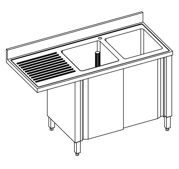 LAVELLO INOX AISI 304, 2 VASCHE, ARMADIATO CON PORTE SCORREVOLI E VANO PER LAVASTOVIGLIE - SCIVOLO DX/SX - cm 150X70X85h