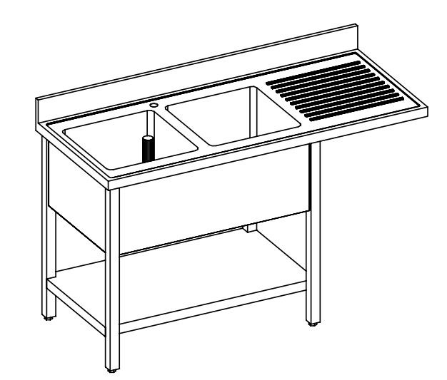 LAVELLO INOX AISI 304, 2 VASCHE, RIPIANO SOTTOSTANTE E VANO PER LAVASTOVIGLIE - SCIVOLO DX/SX - cm 180X70X85h