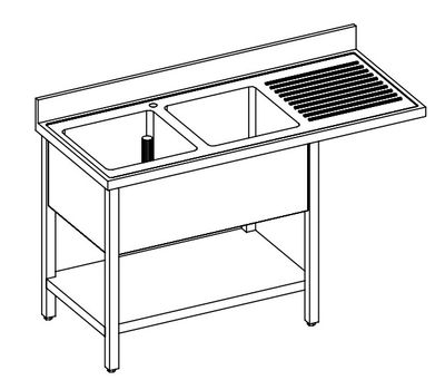 LAVELLO INOX AISI 304, 2 VASCHE, RIPIANO SOTTOSTANTE E VANO PER LAVASTOVIGLIE - SCIVOLO DX/SX - cm 190X70X85h