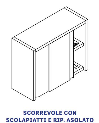 PENSILE INOX AISI 304 con porte scorrevoli,  con scolapiatti e ripiano asolato  - cm 100x40x60h