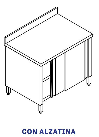 TAVOLO INOX AISI 304 - ARMADIATO CON ALZATINA cm 140x60x85h - PORTE SCORREVOLI