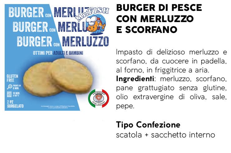 BURGER di PESCE con MERLUZZO e SCORFANO SURGELATI "prodotto gluten free" - 100 pezzi da 90 g