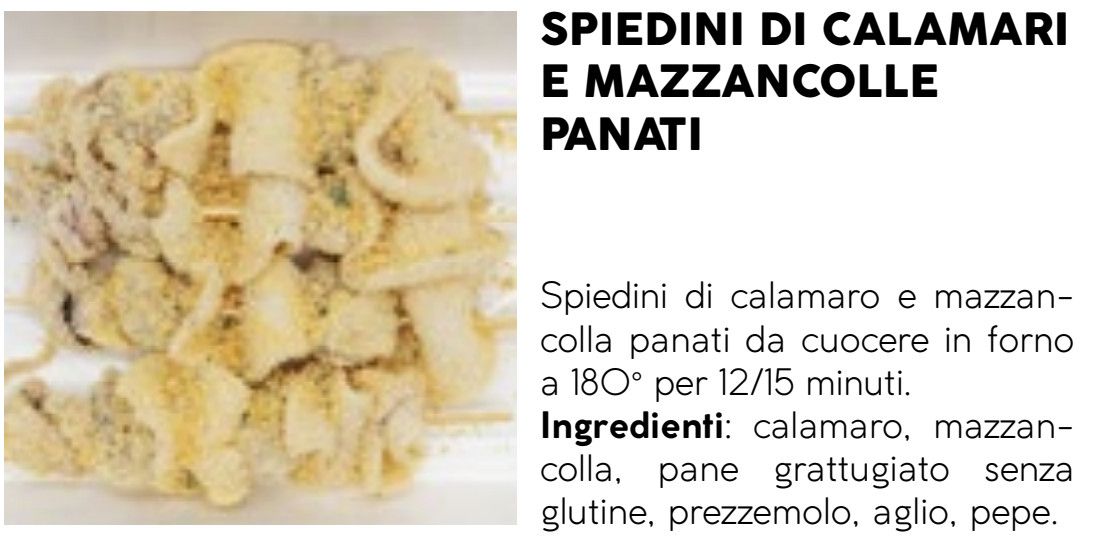 SPIEDINI di CALAMARI e MAZZANCOLLE PANATI e SURGELATI "prodotto gluten free"- 50 pz da 75gr