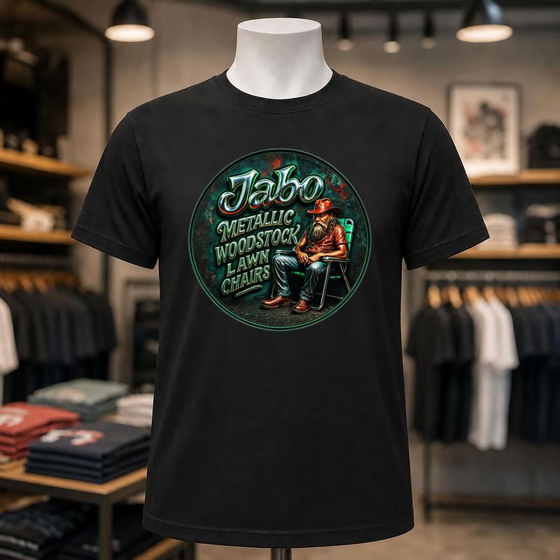 Jabo Metallic Woodstock Lawn Chairs Short Sleeve Black Tee Shirt