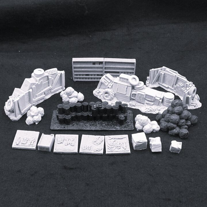 Various Manufacturers, Terrain & Accessories: Modern Barricades, Oil Drums, Supplies & Market Produce