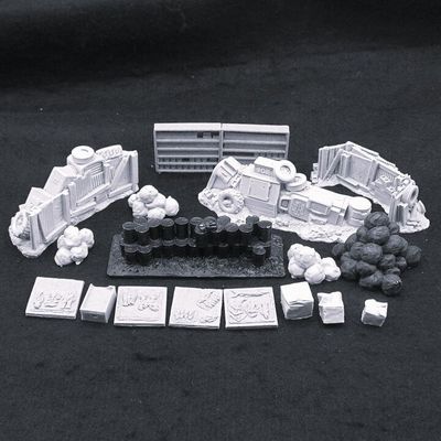 Various Manufacturers, Terrain & Accessories: Modern Barricades, Oil Drums, Supplies & Market Produce