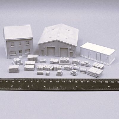 Timecast Miniatures, Cold War - German House, Industrial Unit, Portacabin, Oil Rums, Boxes, Sacks Etc