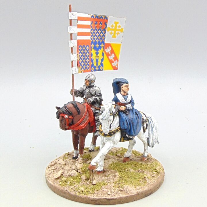 Grade D - Perry Miniatures - WOTR - Mounted Lancastrian Command - Margaret of Anjou with Standard Bearer Grade D - Perry Miniatures - WOTR - Mounted Lancastrian Command - Margaret of Anjou with Standard Bearer