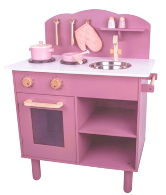 Hochwertige Kinderküche Holz in Rosa mit Zubehör