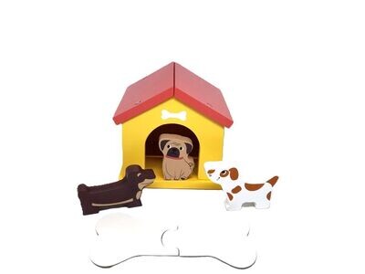 Holz Hundehütte Puzzle-Set mit 3 Hunden und großem Hundeknochen
