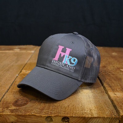 Charcoal Grey Trucker Hat with Pink Logo