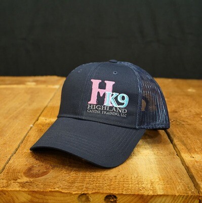 Navy Trucker Hat with Pink Logo