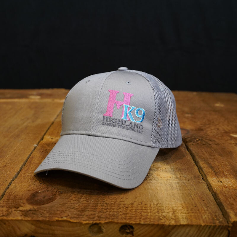 Light Grey Trucker Hat with Pink Logo