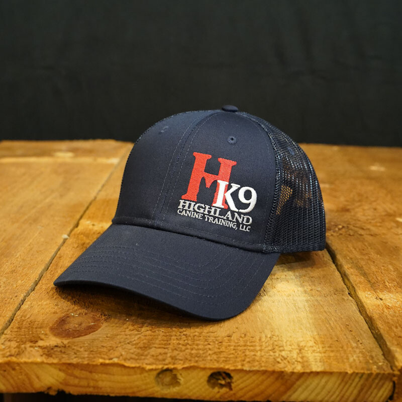 Navy Trucker Hat with Red & White Logo