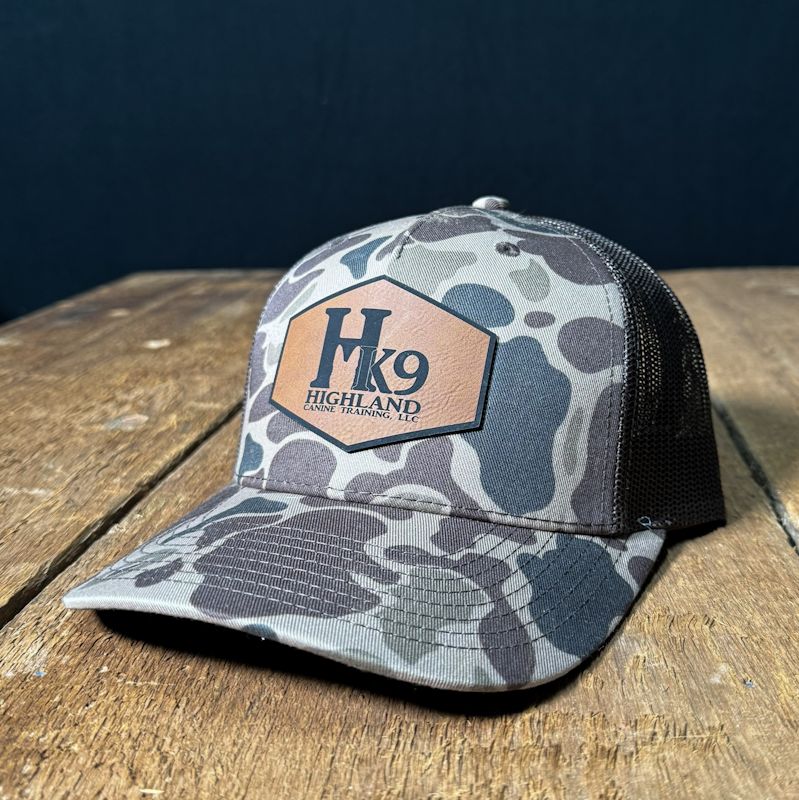 HK9 Brown Duck Camo Hat with a Leather Logo