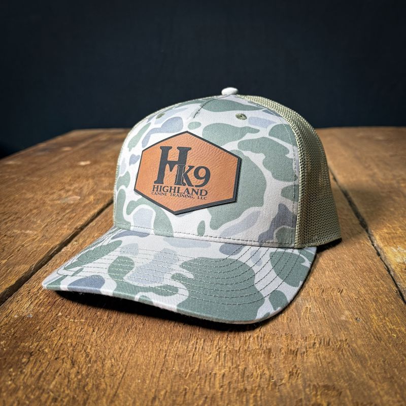 HK9 Tan Duck Camo Hat with a Leather Logo