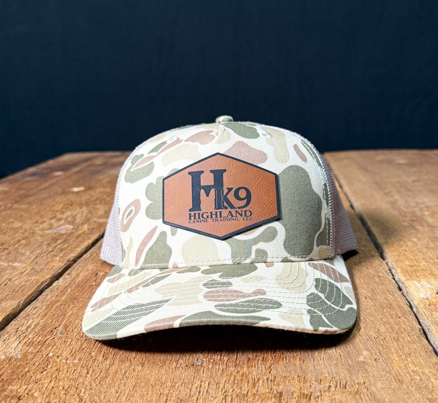 HK9 Duck Camo Hat with a Leather Logo - Tan