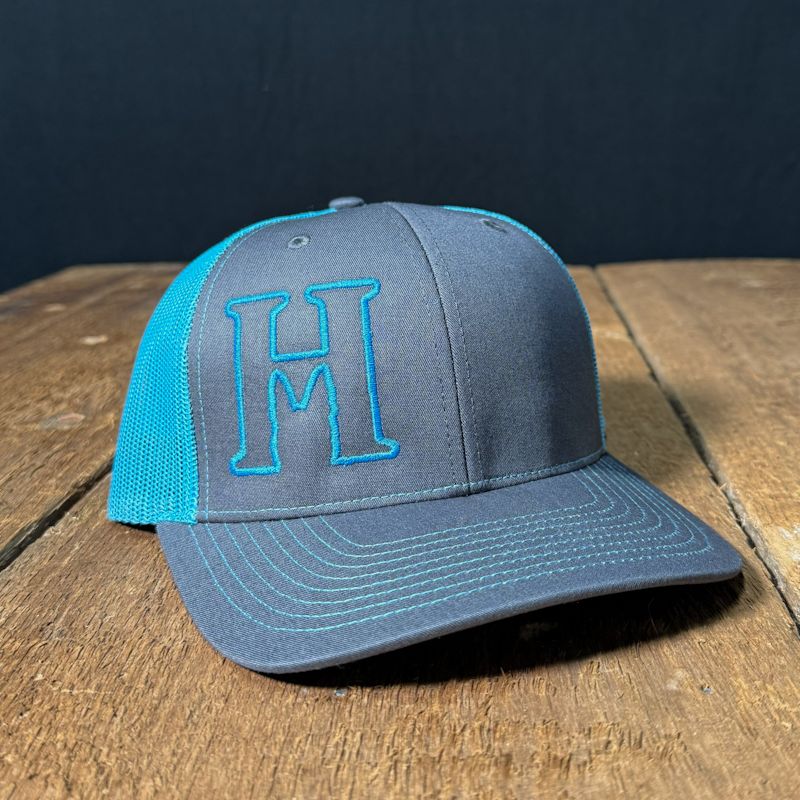 HK9 Charcoal Grey Trucker Hat with Electric Blue Logo HK9 Charcoal Grey Trucker Hat with Electric Blue Logo