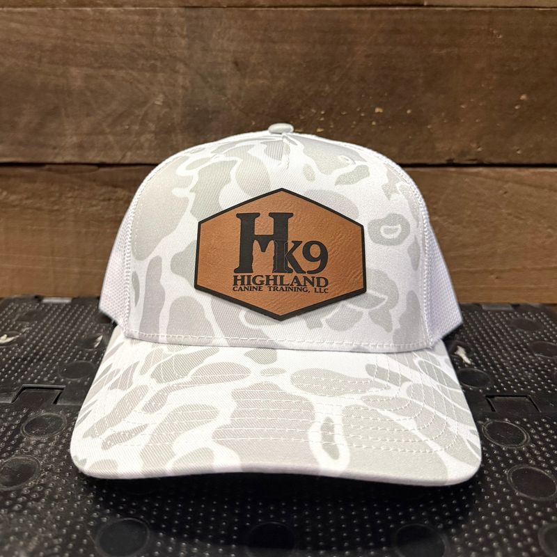HK9 White Duck Camo Hat with a Leather Logo