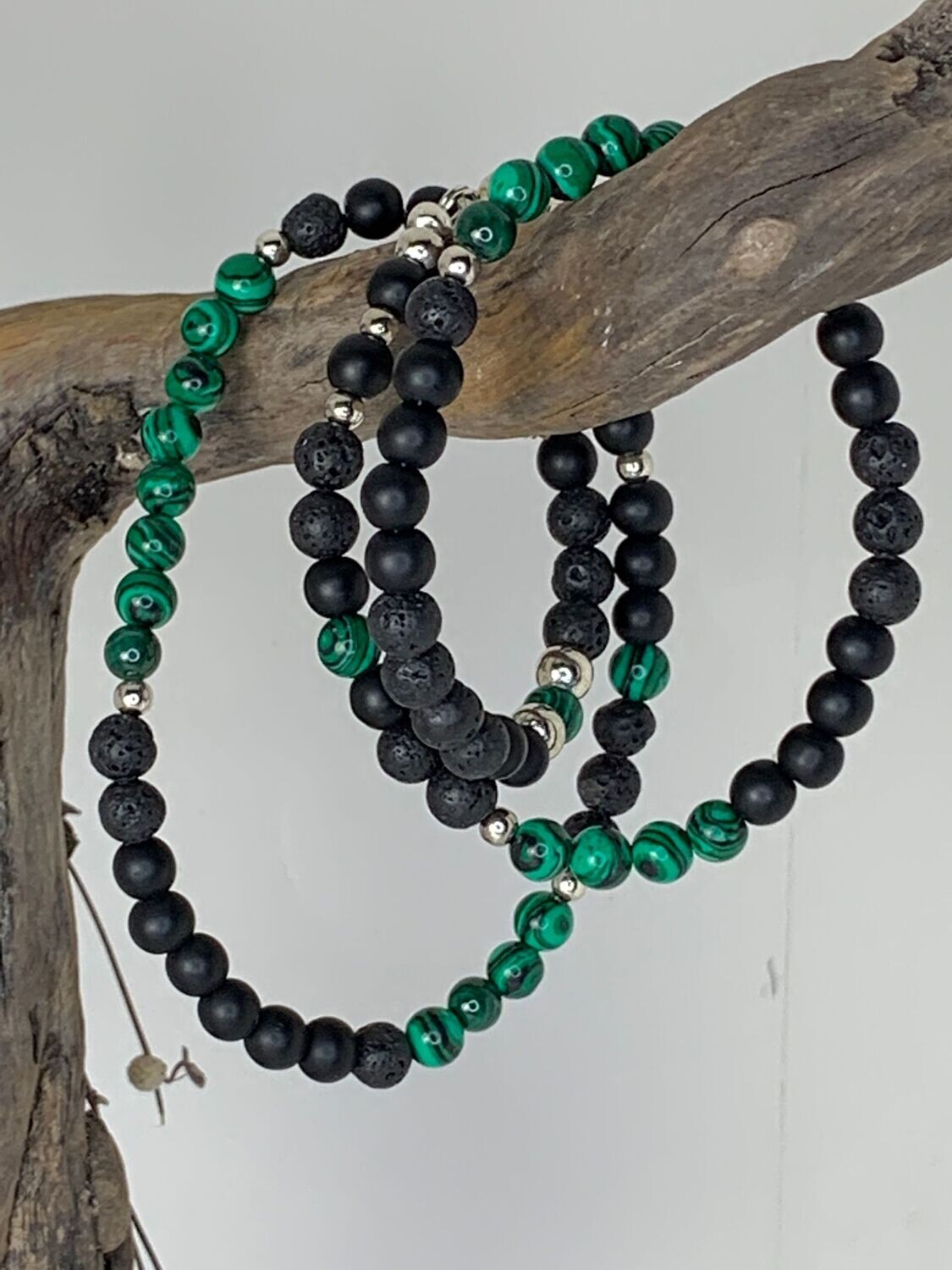 Malachit / Onyx / Lavaperlen: Edelstein Kette