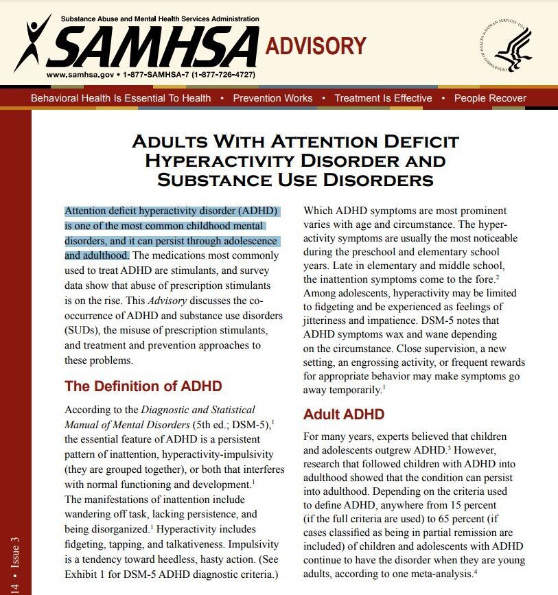 Advisory: Adults With Attention Deficit Hyperactivity Disorder and Substance Use Disorders