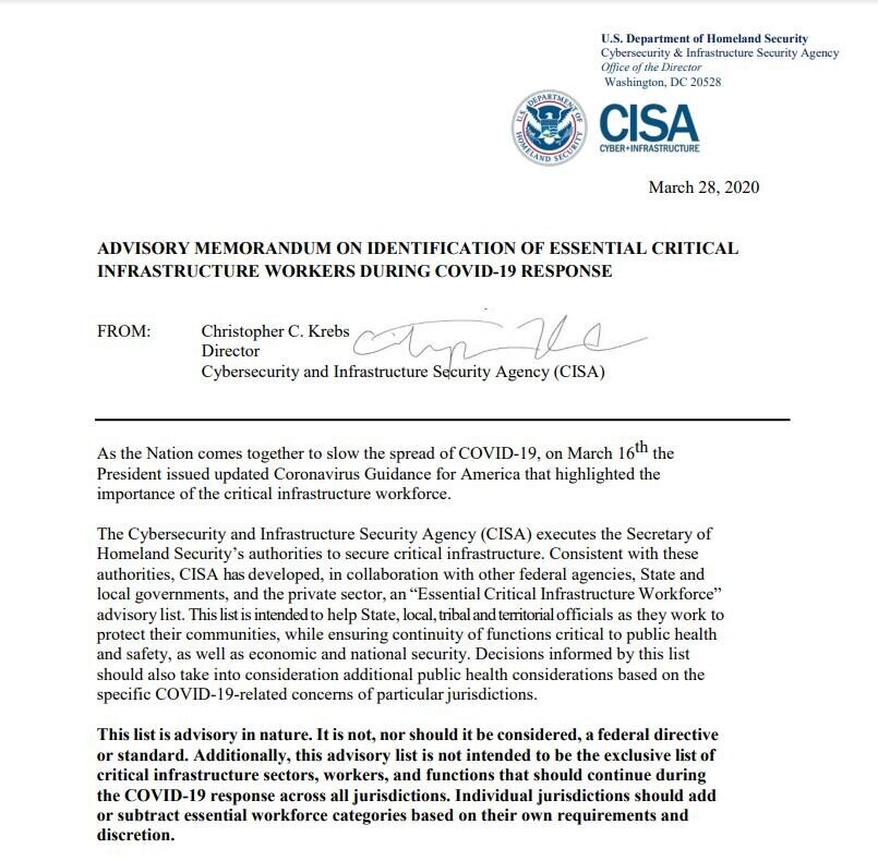 ADVISORY MEMORANDUM ON IDENTIFICATION OF ESSENTIAL CRITICAL INFRASTRUCTURE WORKERS DURING COVID-19 RESPONSE