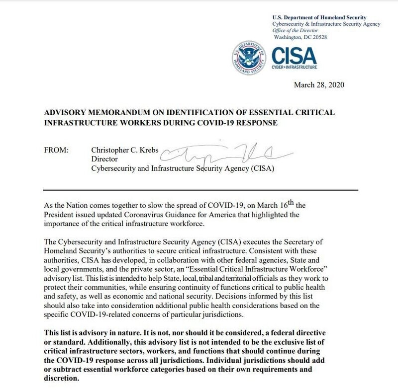 ADVISORY MEMORANDUM ON IDENTIFICATION OF ESSENTIAL CRITICAL INFRASTRUCTURE WORKERS DURING COVID-19 RESPONSE