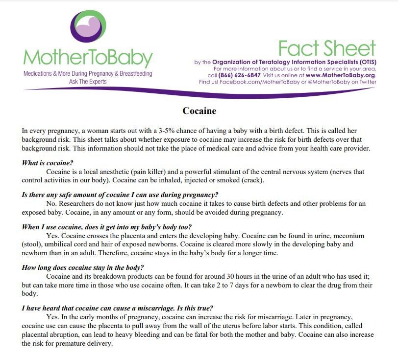 Mother to Baby Factsheet - Cocaine - Updated