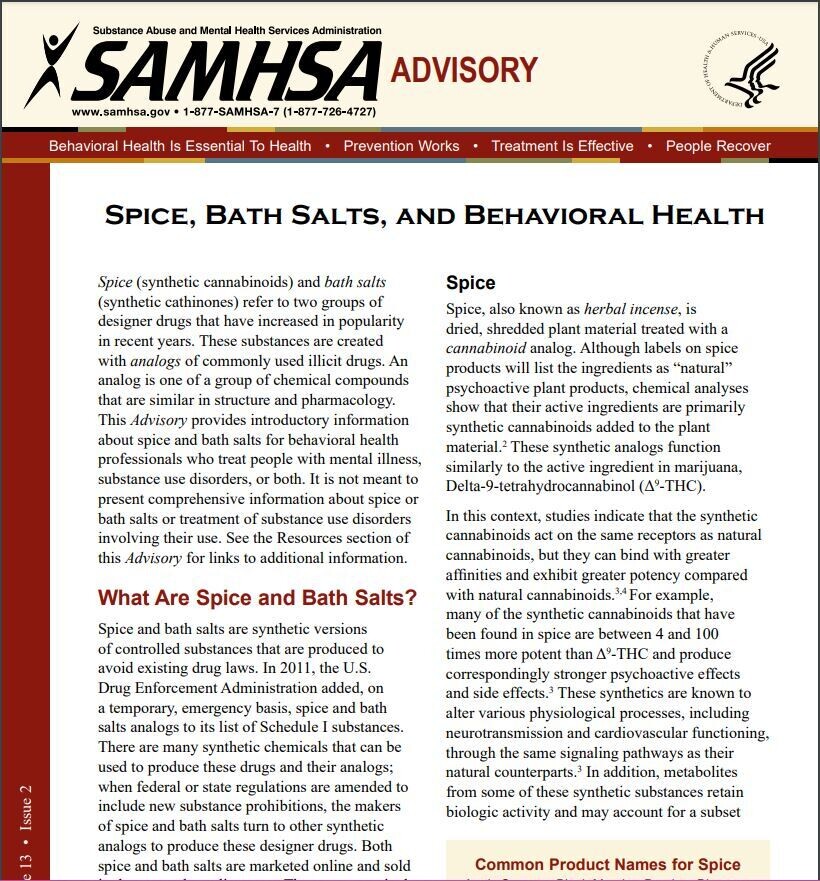 SAMHSA Advisory: Spice and Bath Salts, and Behavioral Health