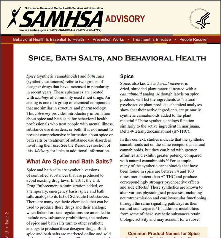 SAMHSA Advisory: Spice and Bath Salts, and Behavioral Health