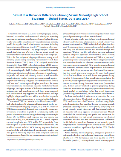 Sexual Risk Behavior Differences Among Sexual Minority High School Students — United States, 2015 and 2017