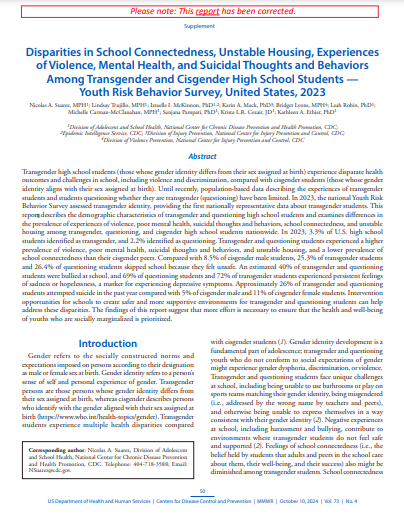 Disparities in School Connectedness, Unstable Housing, Experiences of Violence, Mental Health, and Suicidal Thoughts and Behaviors Among Transgender and Cisgender High School Students