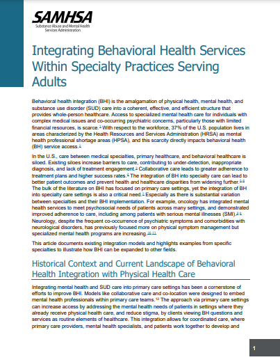 Integrating Behavioral Health Services Within Specialty Practices Serving Adults