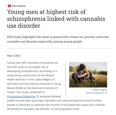 Young men at highest risk of schizophrenia linked with cannabis use disorder