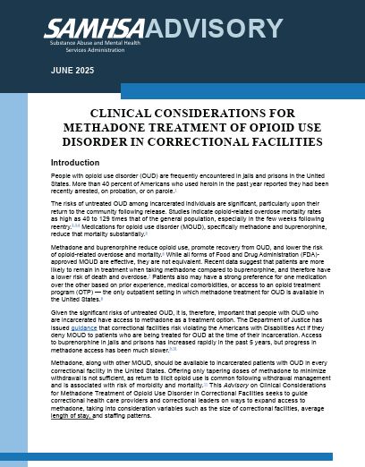 Advisory: Clinical Considerations for Methadone Treatment of Opioid Use Disorder in Correctional Facilities