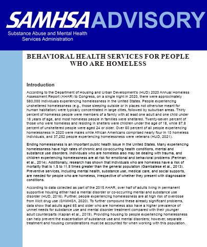 Advisory: Behavioral Health Services for People Who Are Homeless (based on TIP 55)
