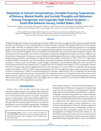 Disparities in School Connectedness, Unstable Housing, Experiences of Violence, Mental Health, and Suicidal Thoughts and Behaviors Among Transgender and Cisgender High School Students