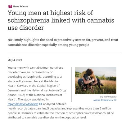 Young men at highest risk of schizophrenia linked with cannabis use disorder Young men at highest risk of schizophrenia linked with cannabis use disorder