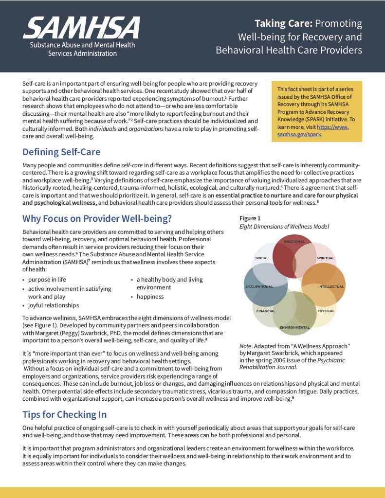 Taking Care: Promoting Well-being for Recovery and Behavioral Health Care Providers