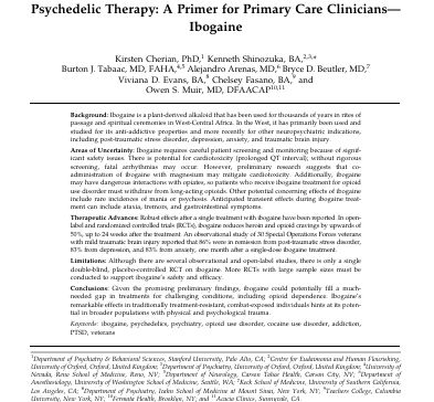 Psychedelic Therapy: A Primer for Primary Care Clinicians— Ibogaine