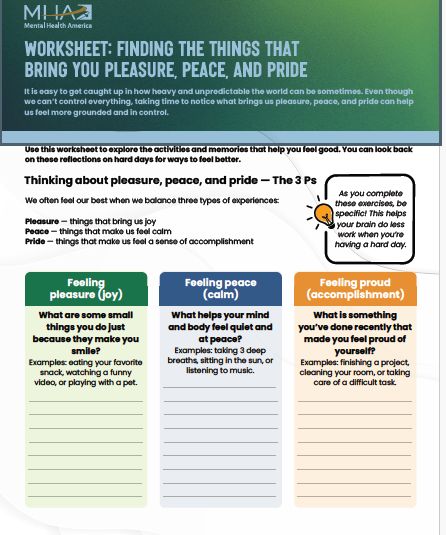 Worksheet: Finding the things that bring you pleasure, peace, and pride - MHA
