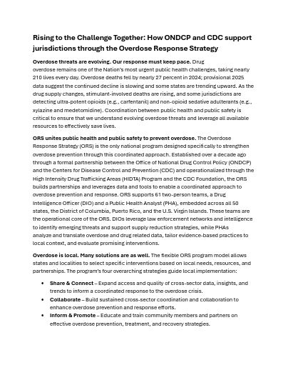 Rising to the Challenge Together: How ONDCP and CDC Support Jurisdictions Through the Overdose Response Strategy Rising to the Challenge Together: How ONDCP and CDC Support Jurisdictions Through the Overdose Response Strategy