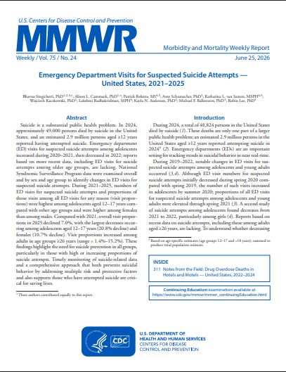 Emergency Department Visits for Suspected Suicide Attempts—United States, 2021–2025 / Drug Overdose Deaths in Hotels and Motels—United States, 2022–2024